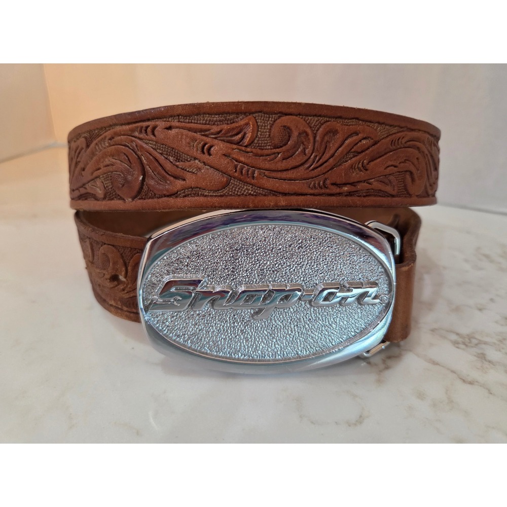 Snap-on Tools Buckle Belt 38 VTG Brown Western Hand Finished Embossed Leather